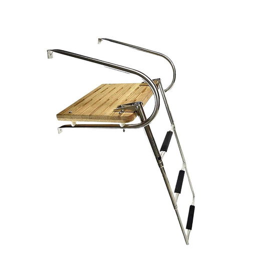 Marine City Stainless Steel Telescoping 3-Step O/B Swim Teak Platform Ladder Marine City Hardware