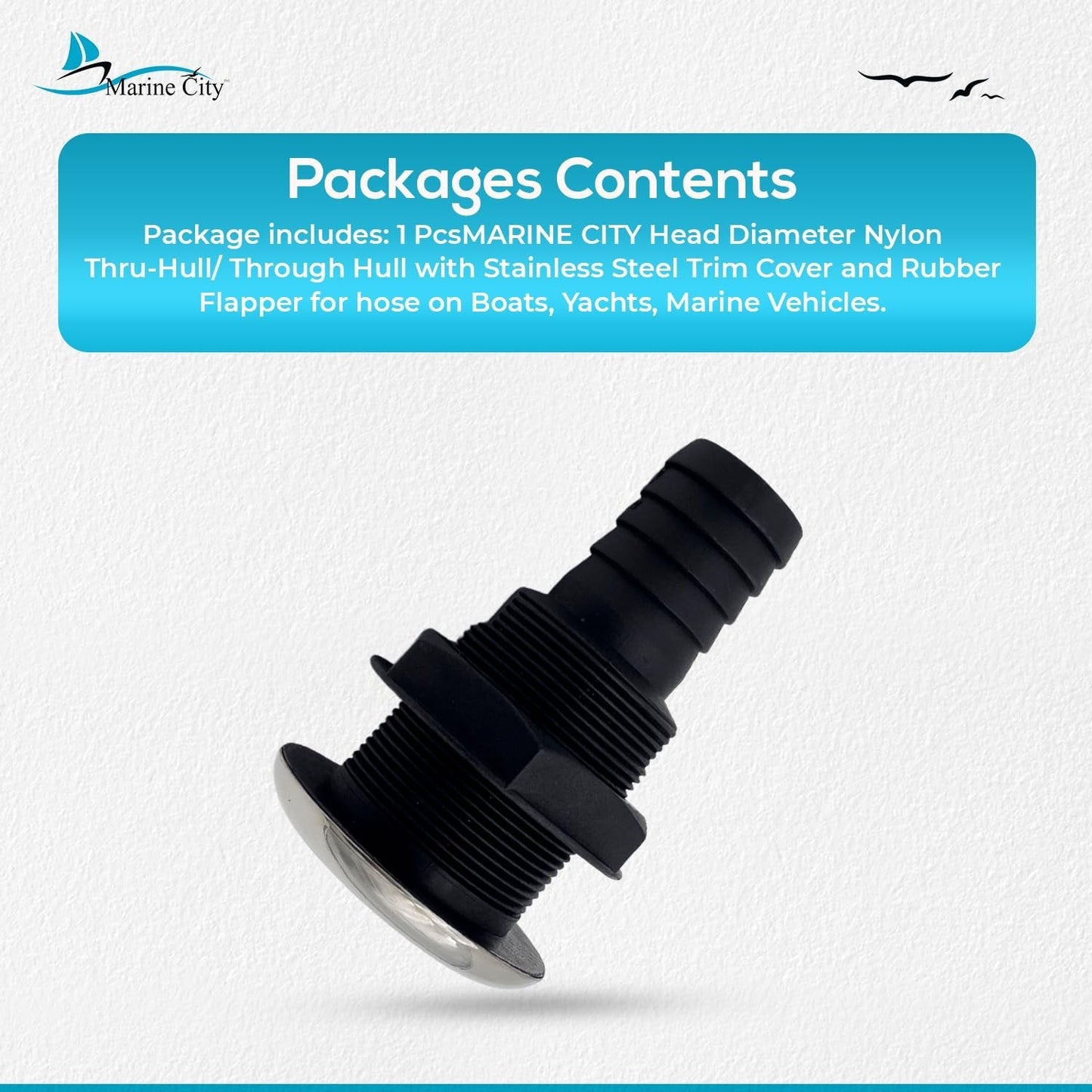 Marine City 3.25” Nylon Thru-Hull Fitting, Stainless Steel Trim & Rubber Flapper MARINE CITY