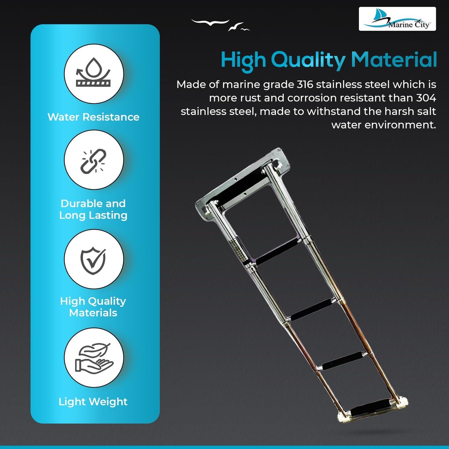 Marine City Escalera telescópica de 4 escalones para yate con caja oculta de acero inoxidable 316 de grado marino