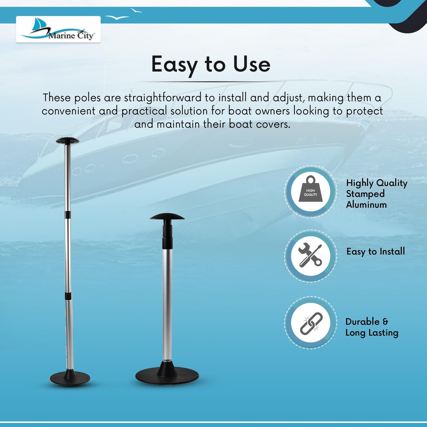 Marine City Aluminum Telescoping Boat Cover Support Poles, Lightweight (2 Pcs)