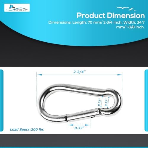 Marine City Carabiner Clip Snap Hook 2-3/4 Inches – 316 Stainless Steel, Durable Marine City Hardware