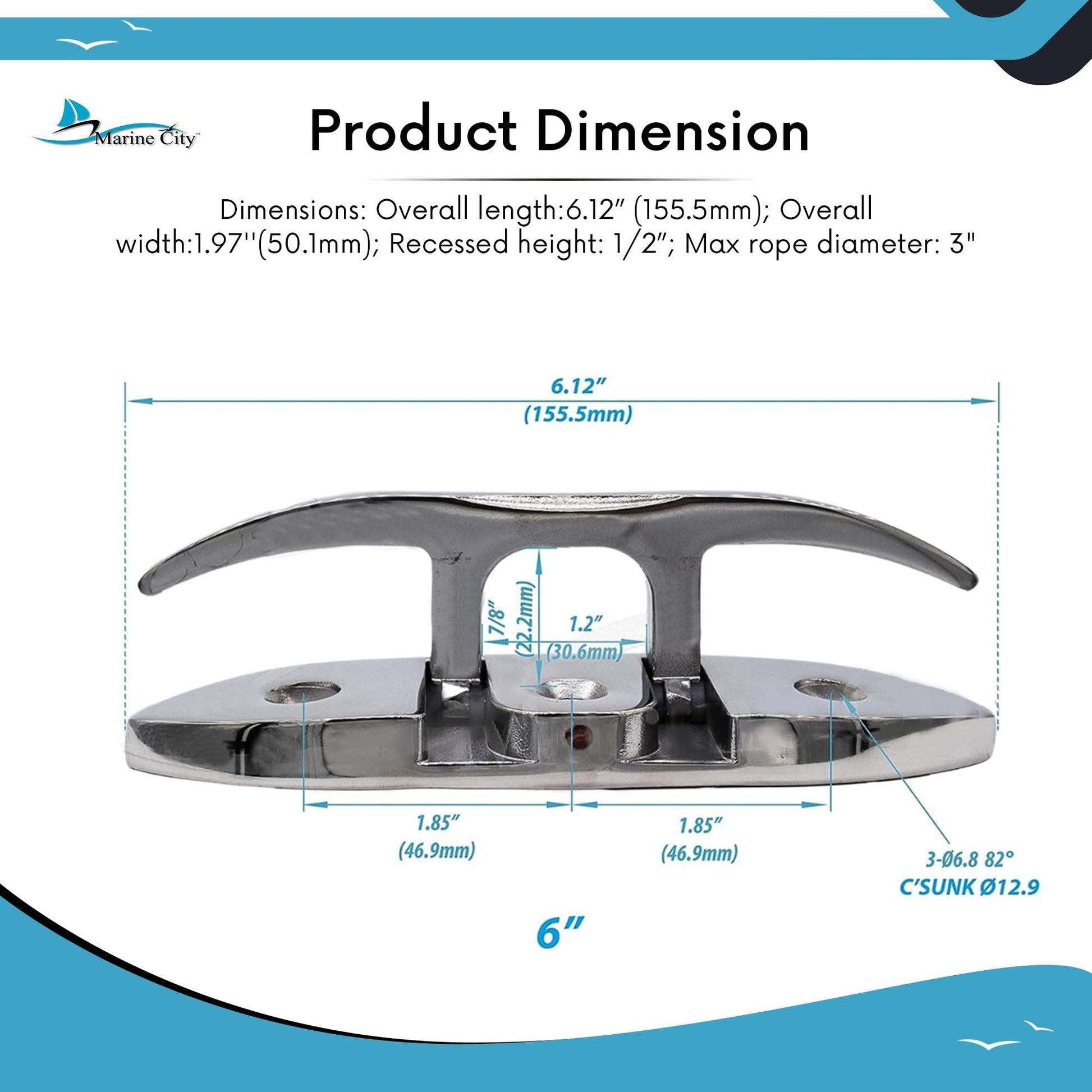 Marine City 6” Folding Cleat – 316 Stainless Steel Heavy Duty Deck Mount Marine City