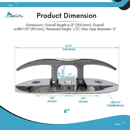 Marine City 6” Folding Cleat – 316 Stainless Steel Heavy Duty Deck Mount Marine City