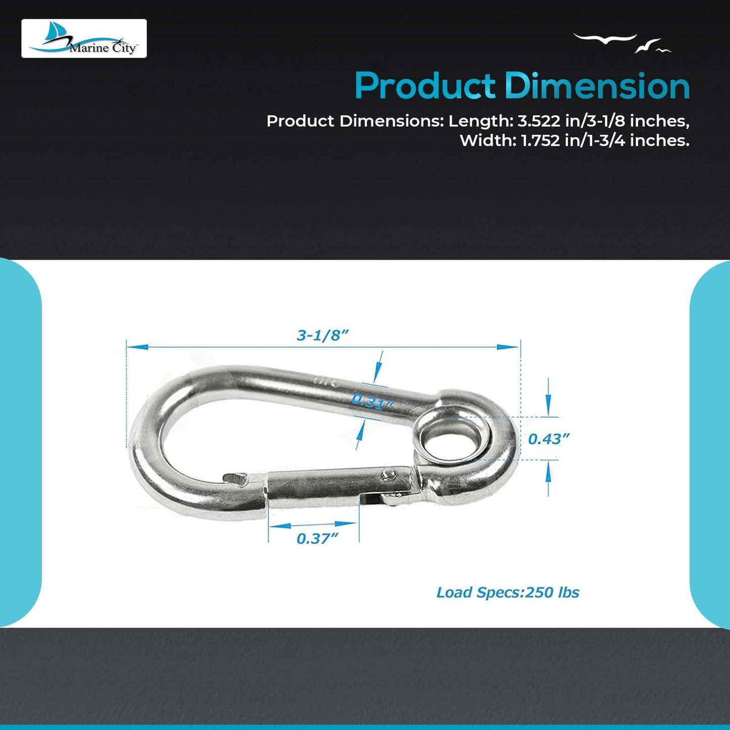 Marine City Carabiner Clip Snap Hook with Ring, 3-1/8” Stainless Steel (2 Pcs)