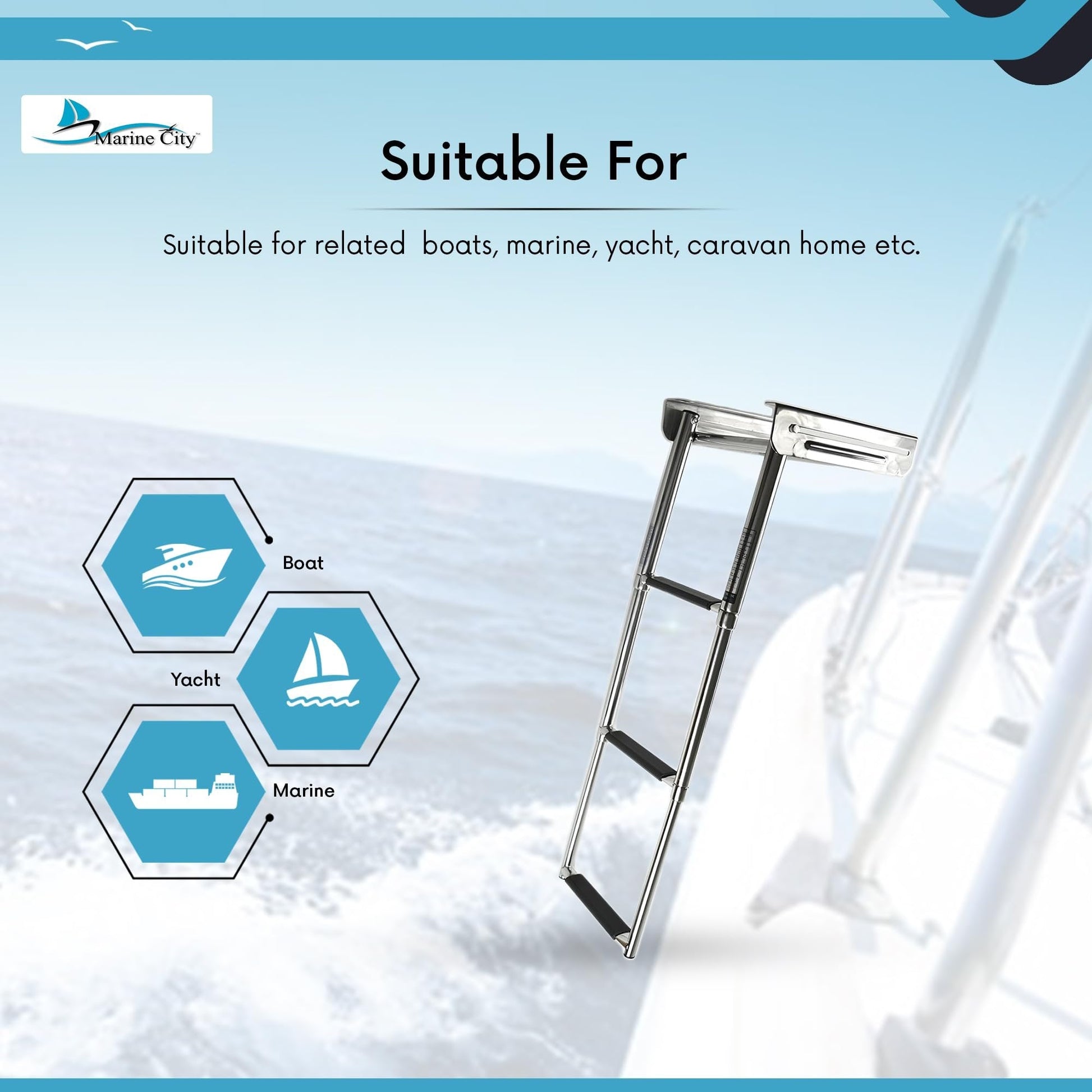 MARINE CITY 3-Step Telescoping Swim Platform Ladder – 304 Stainless Steel Marine City Hardware