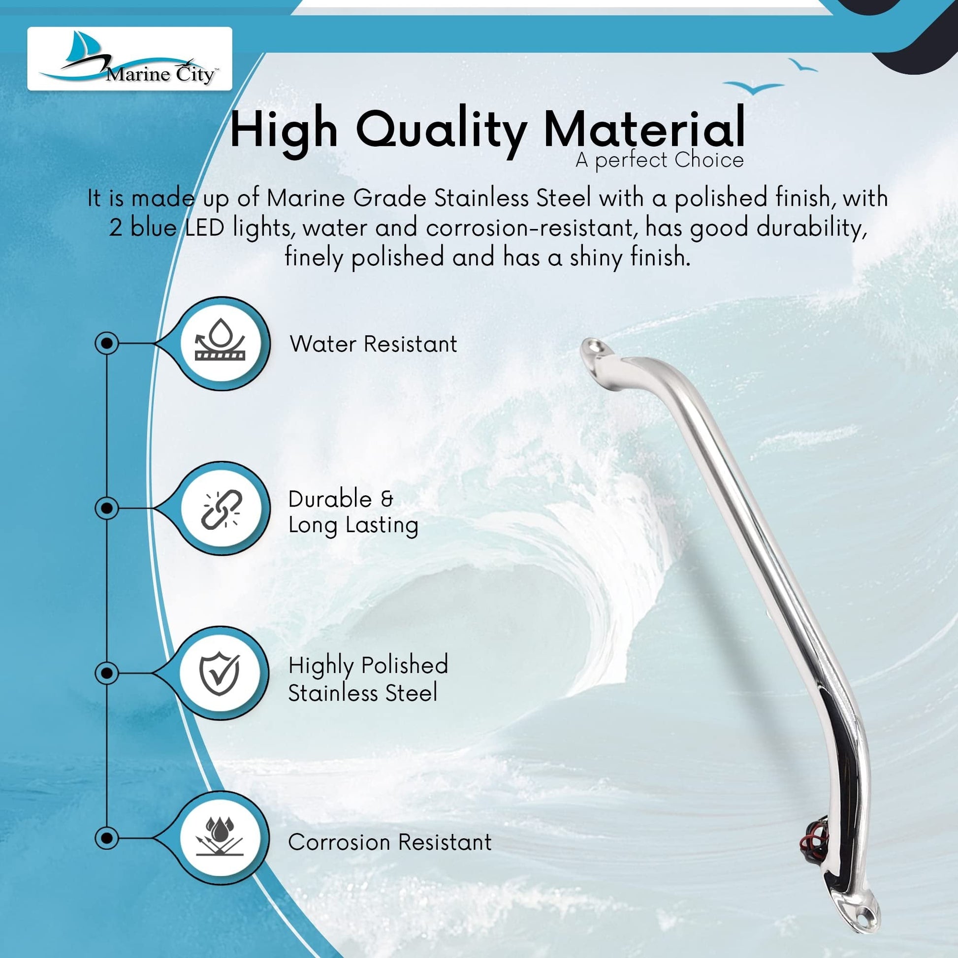 Marine City 16-Inch Grab Rail Handle with 2 Blue LED Lights–304 Stainless Steel Marine City
