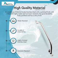 Marine City 16-Inch Grab Rail Handle with 2 Blue LED Lights–304 Stainless Steel