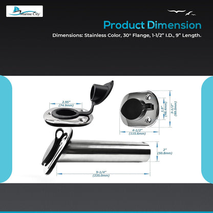 Marine City Fishing Rod Holder Heavy Duty Cast Stainless Steel, 30° Flange Angle