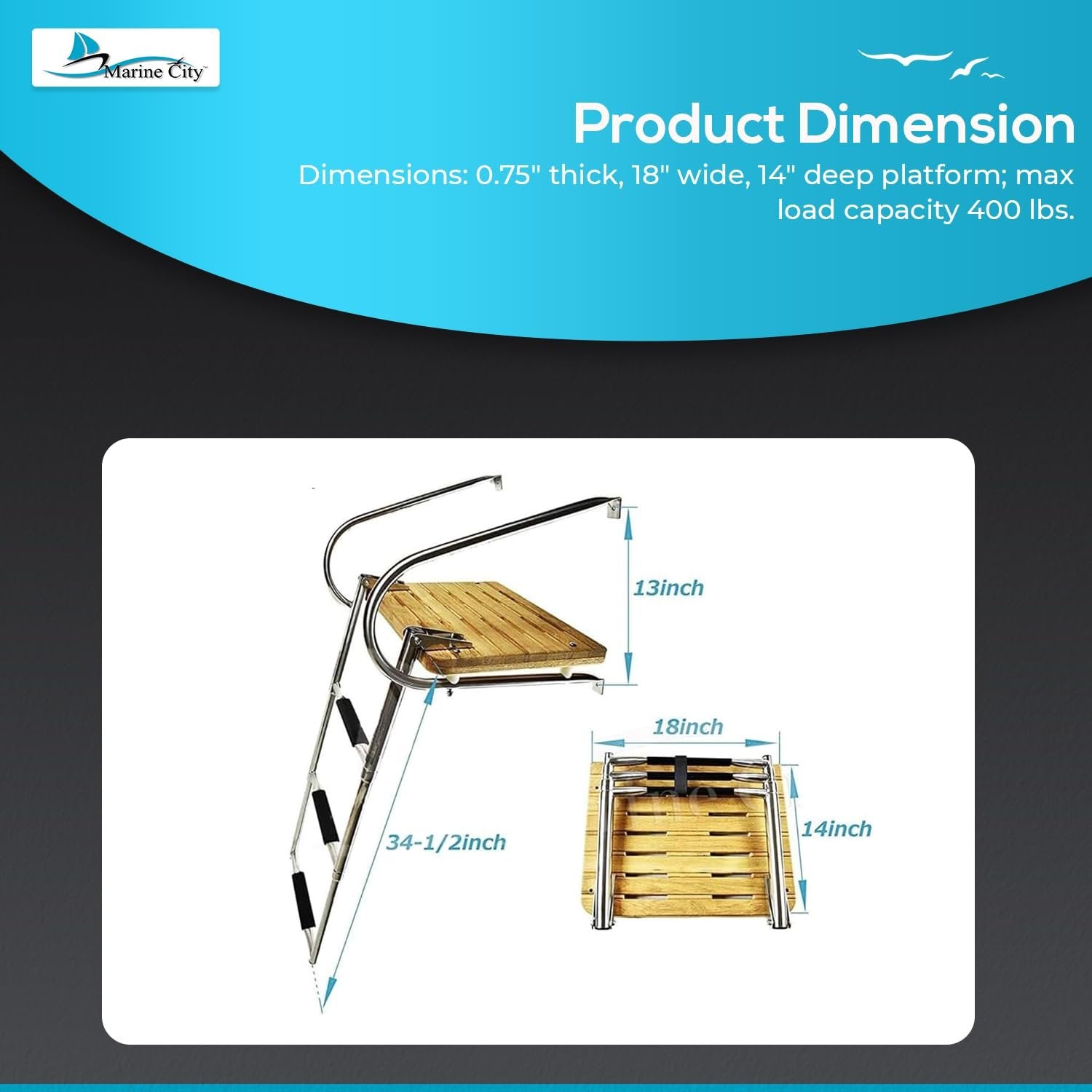 Marine City Stainless Steel Telescoping 3-Step O/B Swim Teak Platform Ladder Marine City Hardware