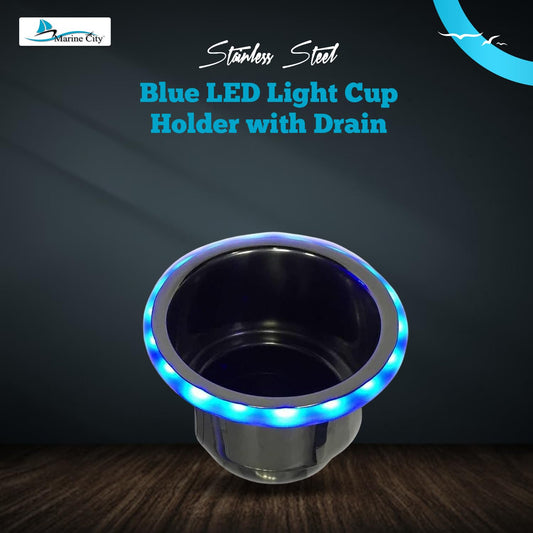 Marine City Stainless Steel Blue LED Ring Cup Holder with Center Drain (8 Pcs)