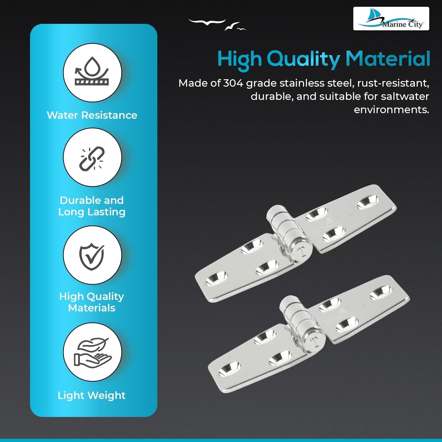 Marine City 304 Stainless Steel Polished Door Strap Hinges 1-1/2 × 3" (2 Pcs) Marine City