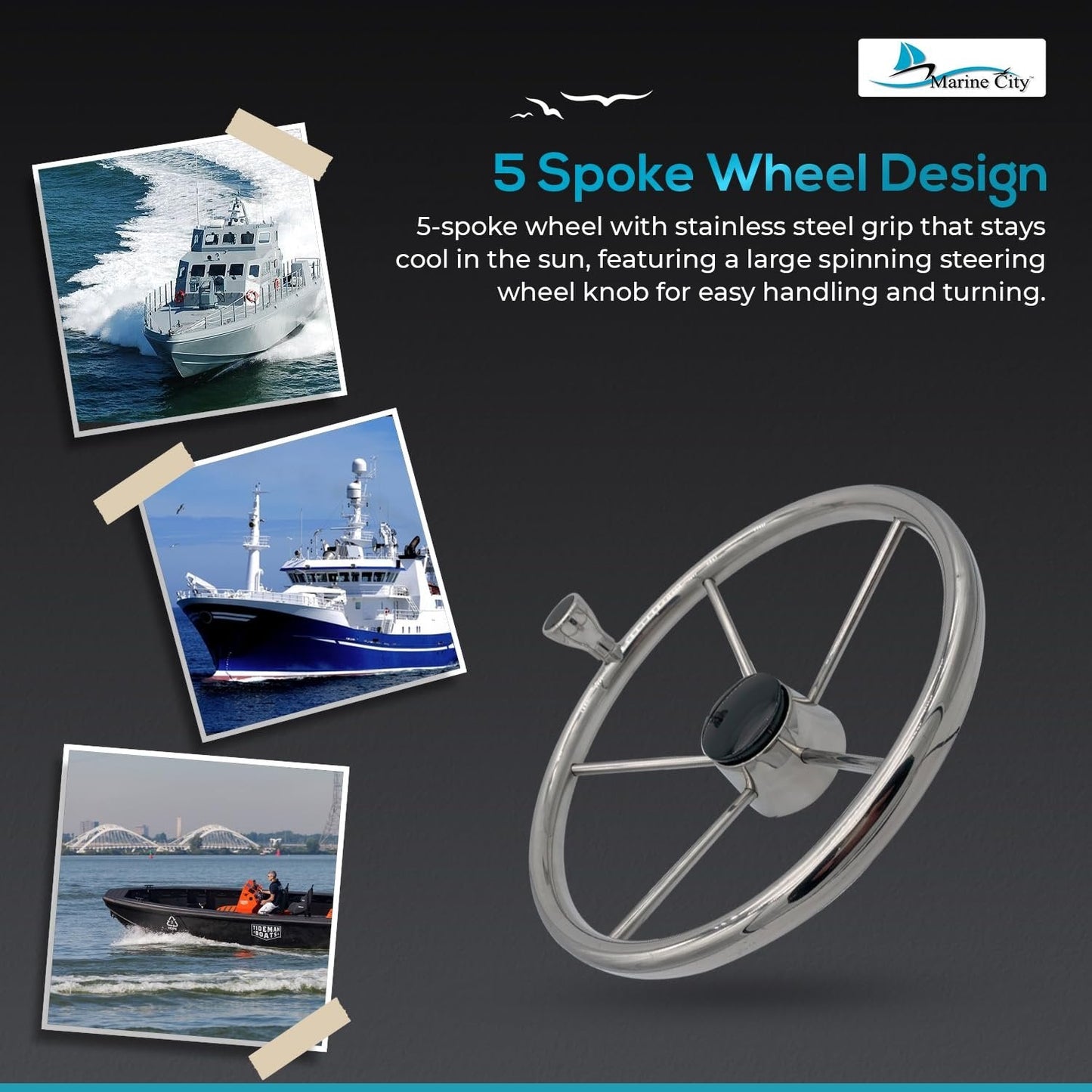 Marine City 5-Spoke Stainless Steel Steering Wheel – 13-1/2” Marine Helm Wheel MARINE CITY