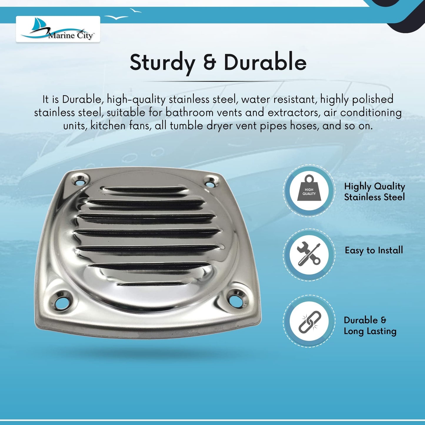 Marine City 4" Thru Louvered Vent, 304 Stainless Steel, Rust-Resistant, Polished Marine City