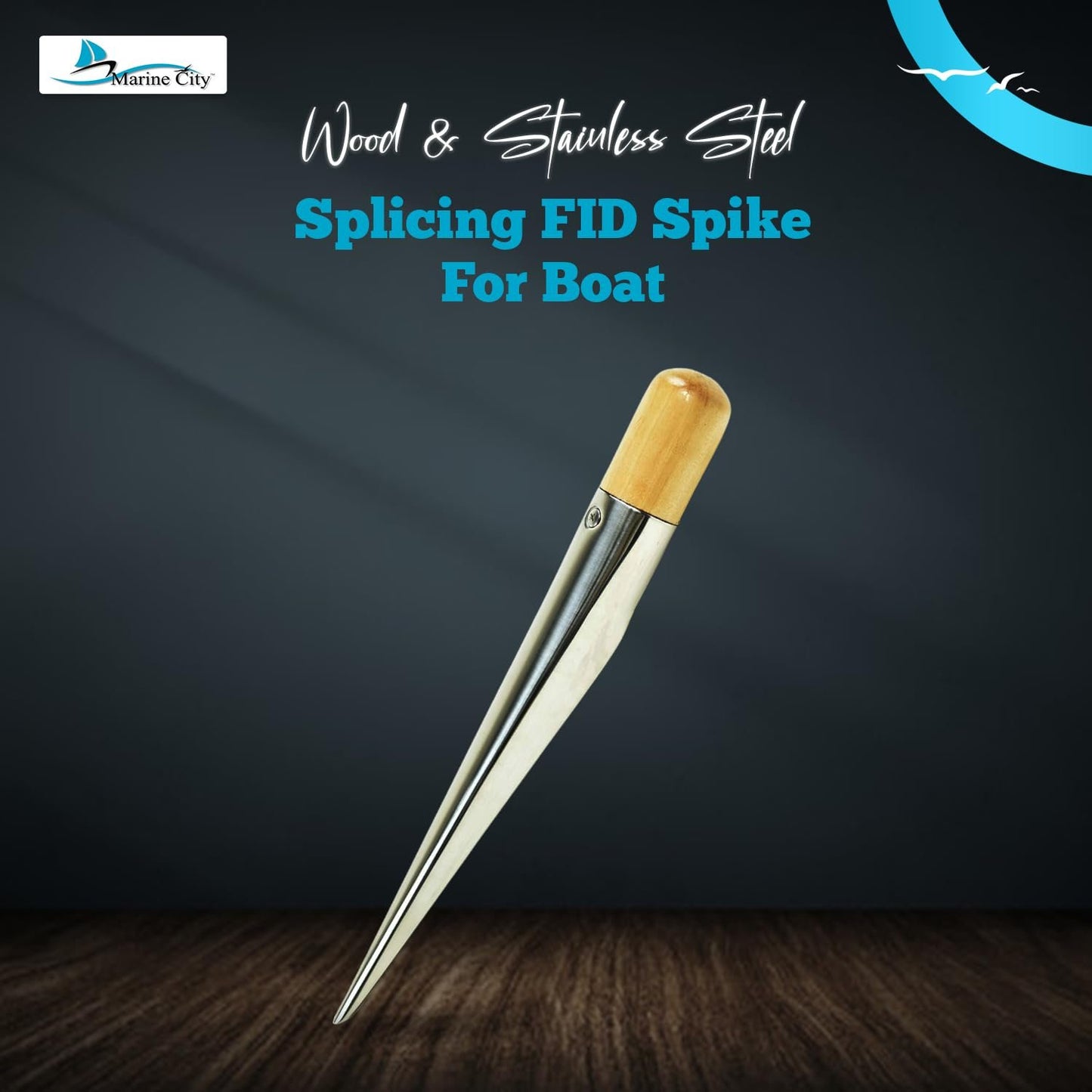 MARINE CITY Wooden Handle Splicing FID Spike – 304 Stainless Steel (Medium)