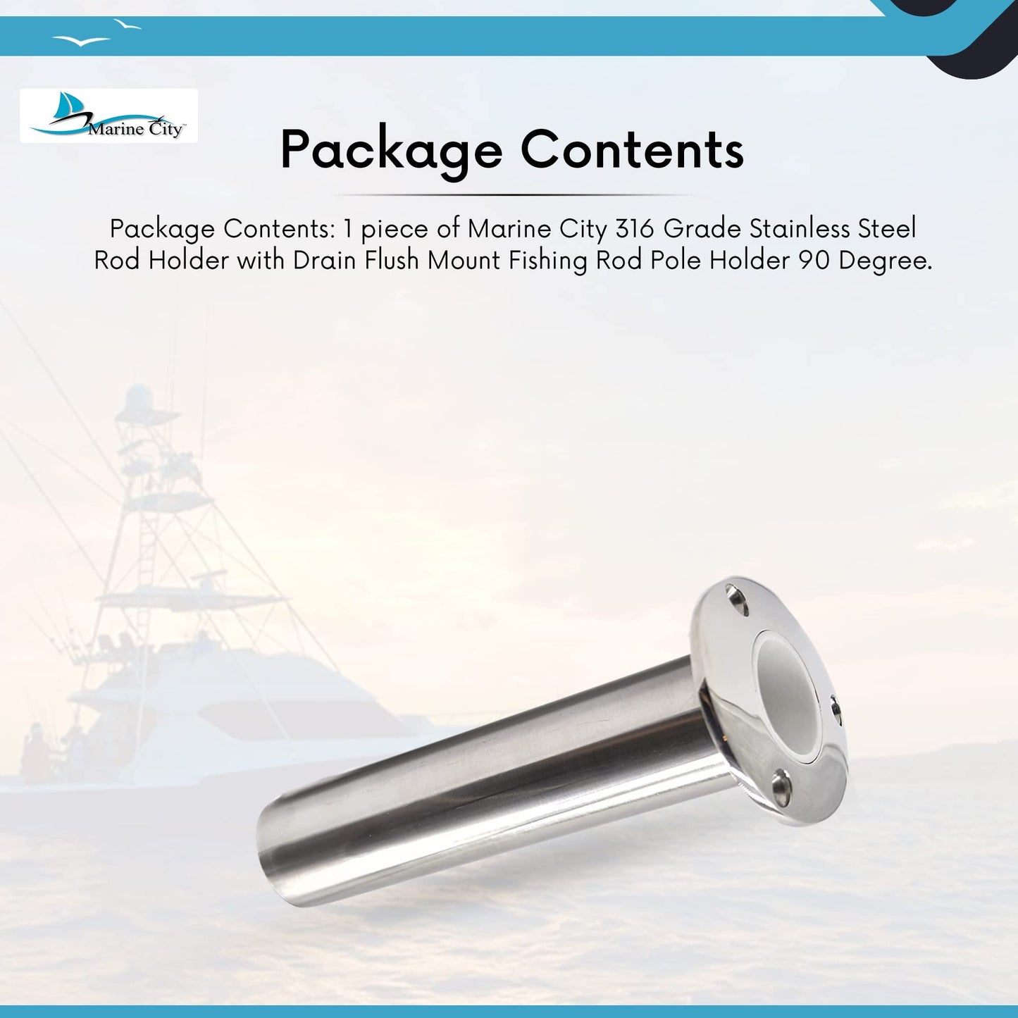 Marine City 316 Stainless Steel Flush-Mount Fishing Rod Holder with Drain