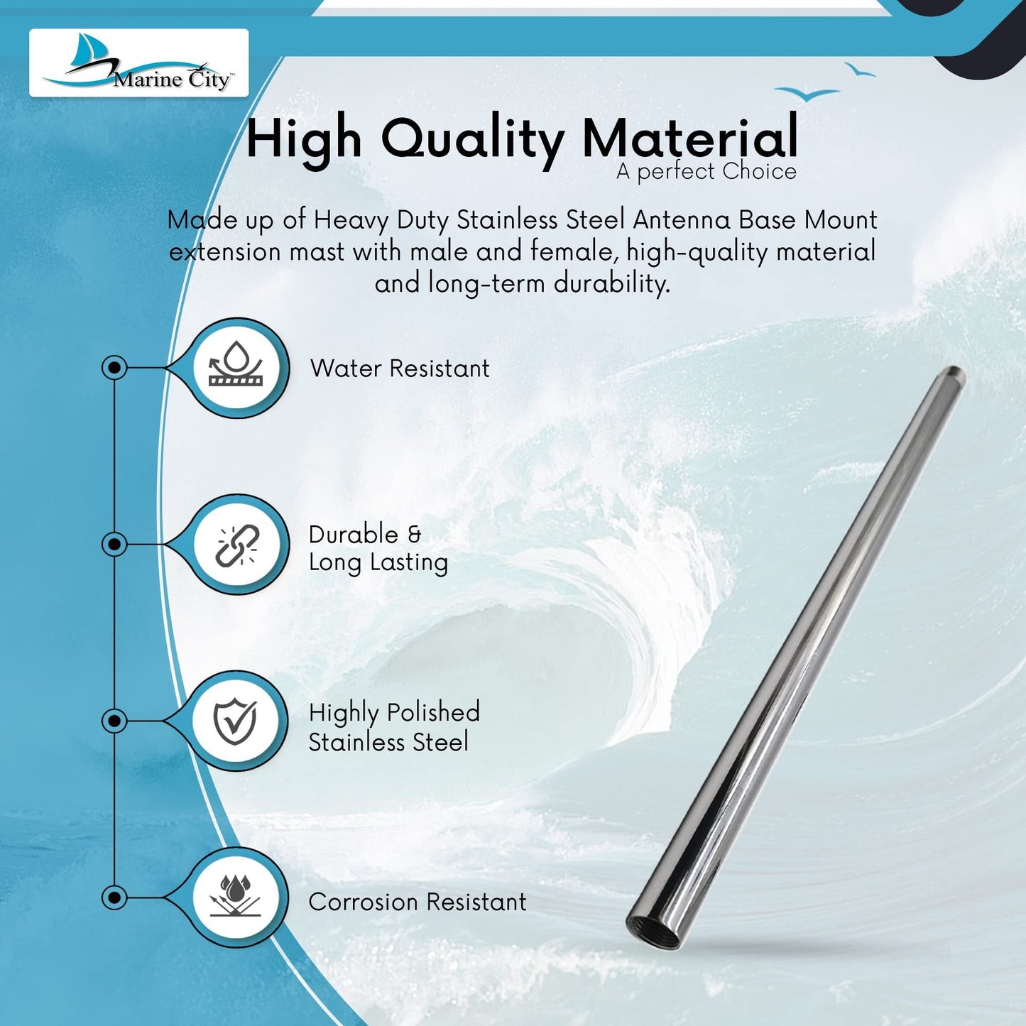 Marine City 24” Antenna Base Mount Extension Mast – Stainless Steel, Heavy-Duty MARINE CITY