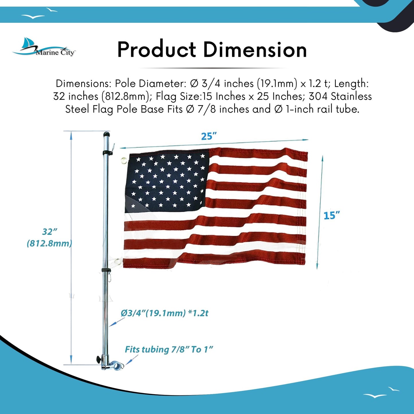 Marine City 32-Inch 304 Stainless Steel Flag Pole With Base & 15x25” US Flag