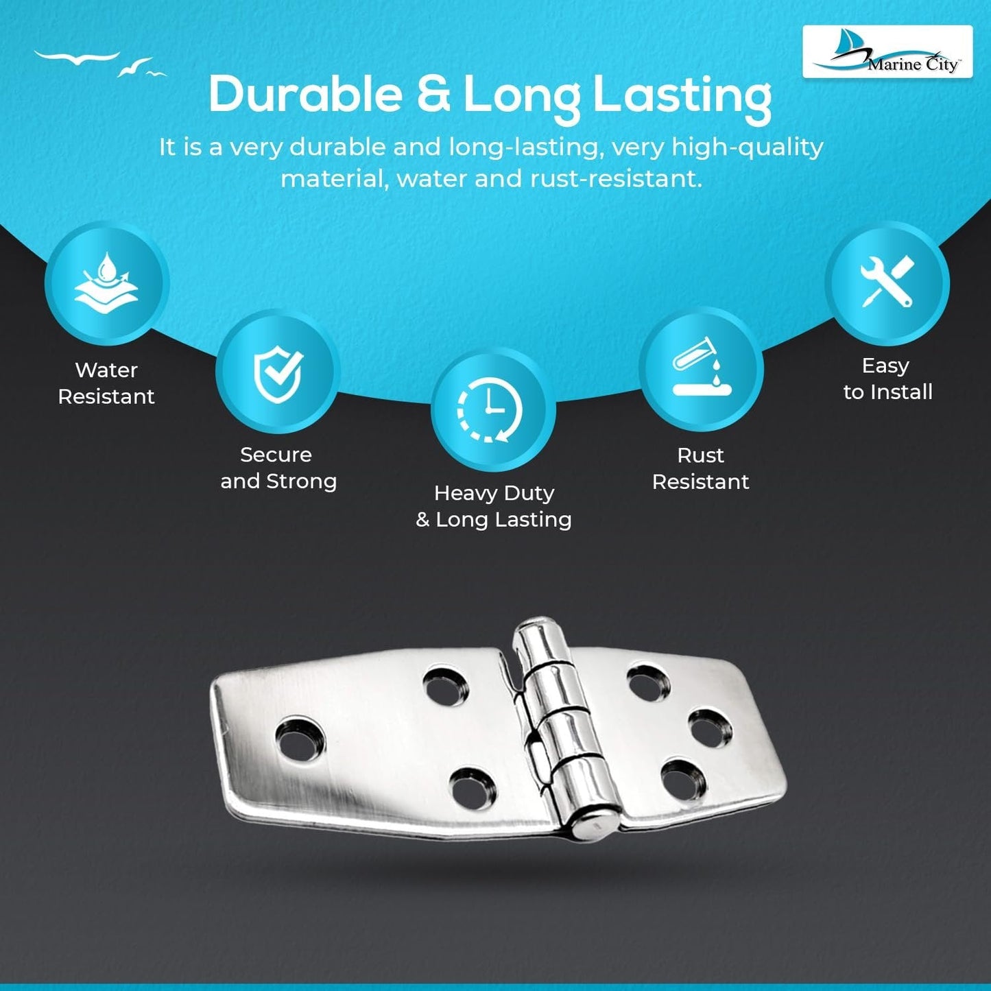 Marine City 6-Hole Short Sided Door Hinges 316 Stainless Steel Heavy-Duty (2 Pcs) Marine City