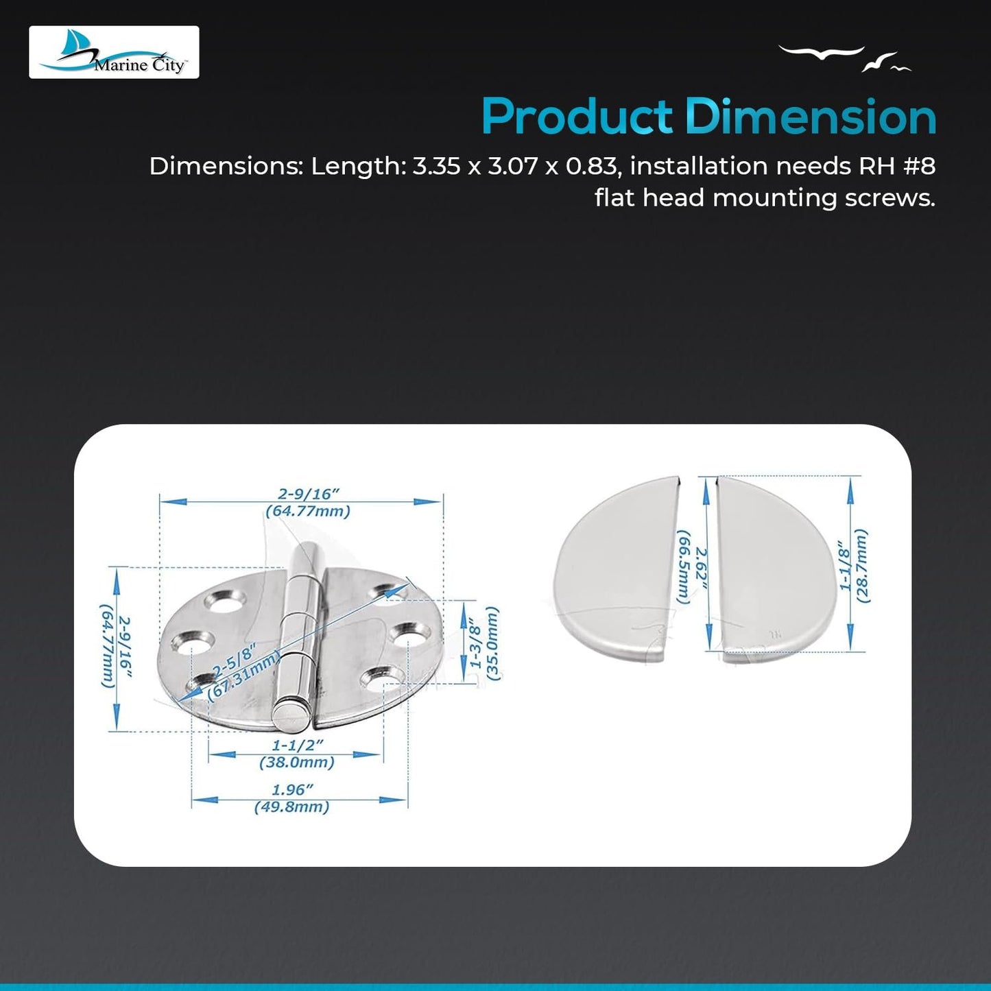 Marine City Stainless Steel Flush 65mm Strap Round Side Hinges w/ Cover (2 Pcs)