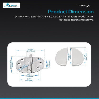 Marine City Stainless Steel Flush 65mm Strap Round Side Hinges w/ Cover (2 Pcs)