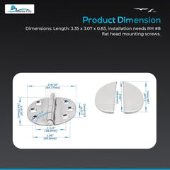 Marine City Stainless Steel Flush 65mm Strap Round Side Hinges w/ Cover (2 Pcs)