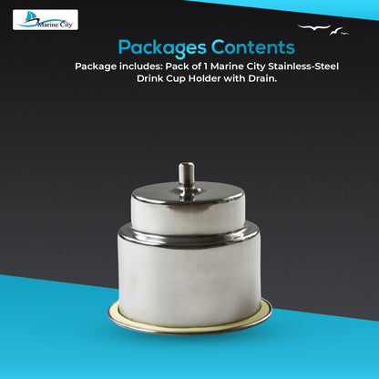 Marine City Stainless Steel Drink Cup Holder with Drain, 3/8” Barb, 4-1/4”Flange