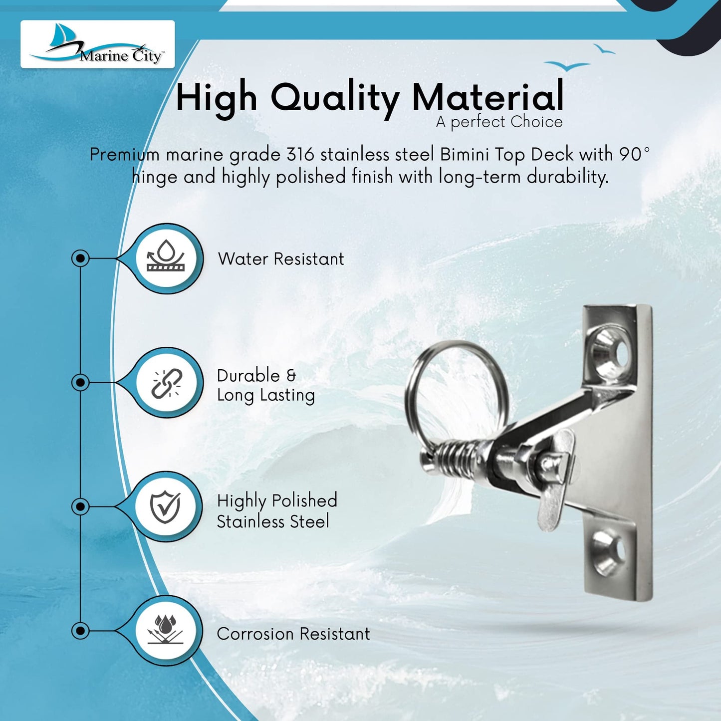 MARINE CITY Stainless Steel Bimini Top Hinge 90° w/ Quick-Release Pin (2 Pcs)