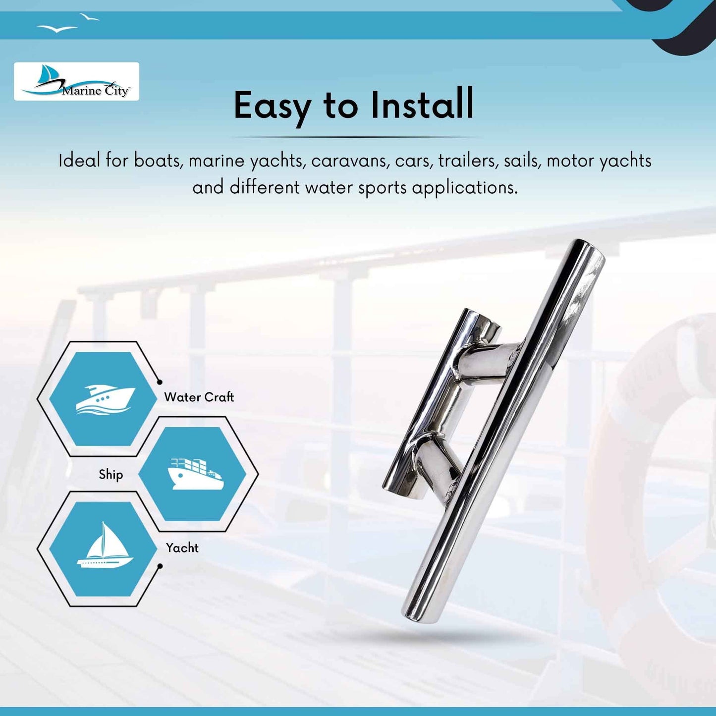 Marine City Taco de amarre elegante de acero inoxidable 316 resistente de 12 pulgadas con base curva para barco marino, caravana, automóvil, remolque, vela