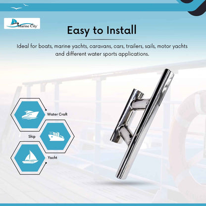 Marine City Taco de amarre elegante de acero inoxidable 316 resistente de 12 pulgadas con base curva para barco marino, caravana, automóvil, remolque, vela