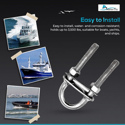 Marine City 3/8" Bow Eye U-Bolt with Welding Plate–304 Stainless Steel 4" Length