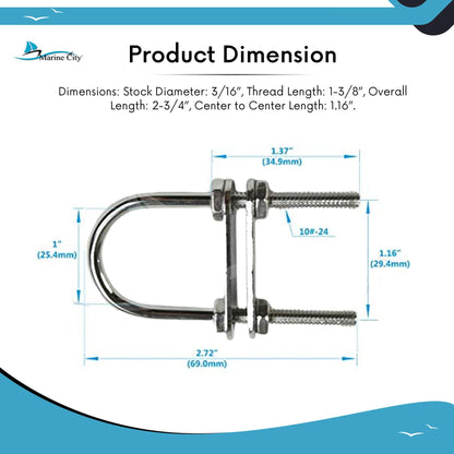Marine City Bow Eye U-Bolt, 3/16” 304 Stainless Steel, 2-3/4” Length, Heavy Duty