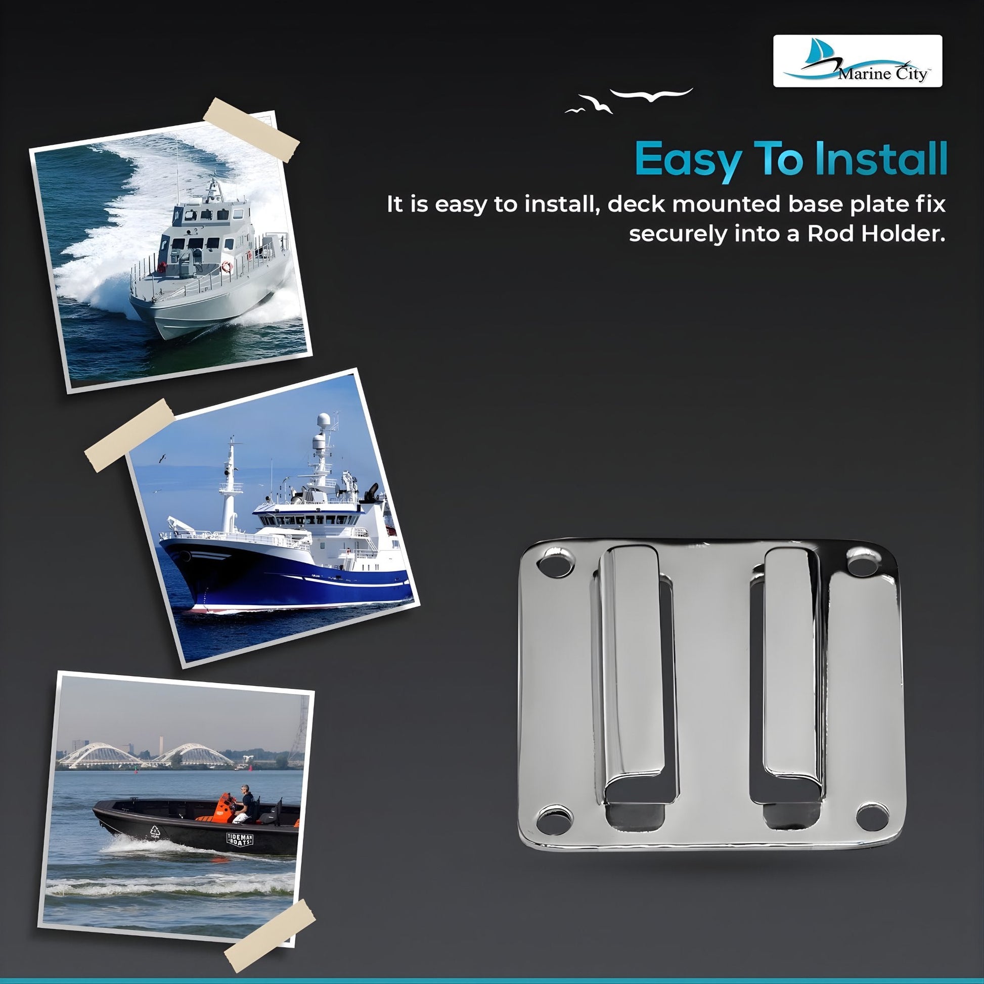 MARINE CITY Extra Stainless Steel Mounting Bracket – Gloss Polished Rod Holder Marine City