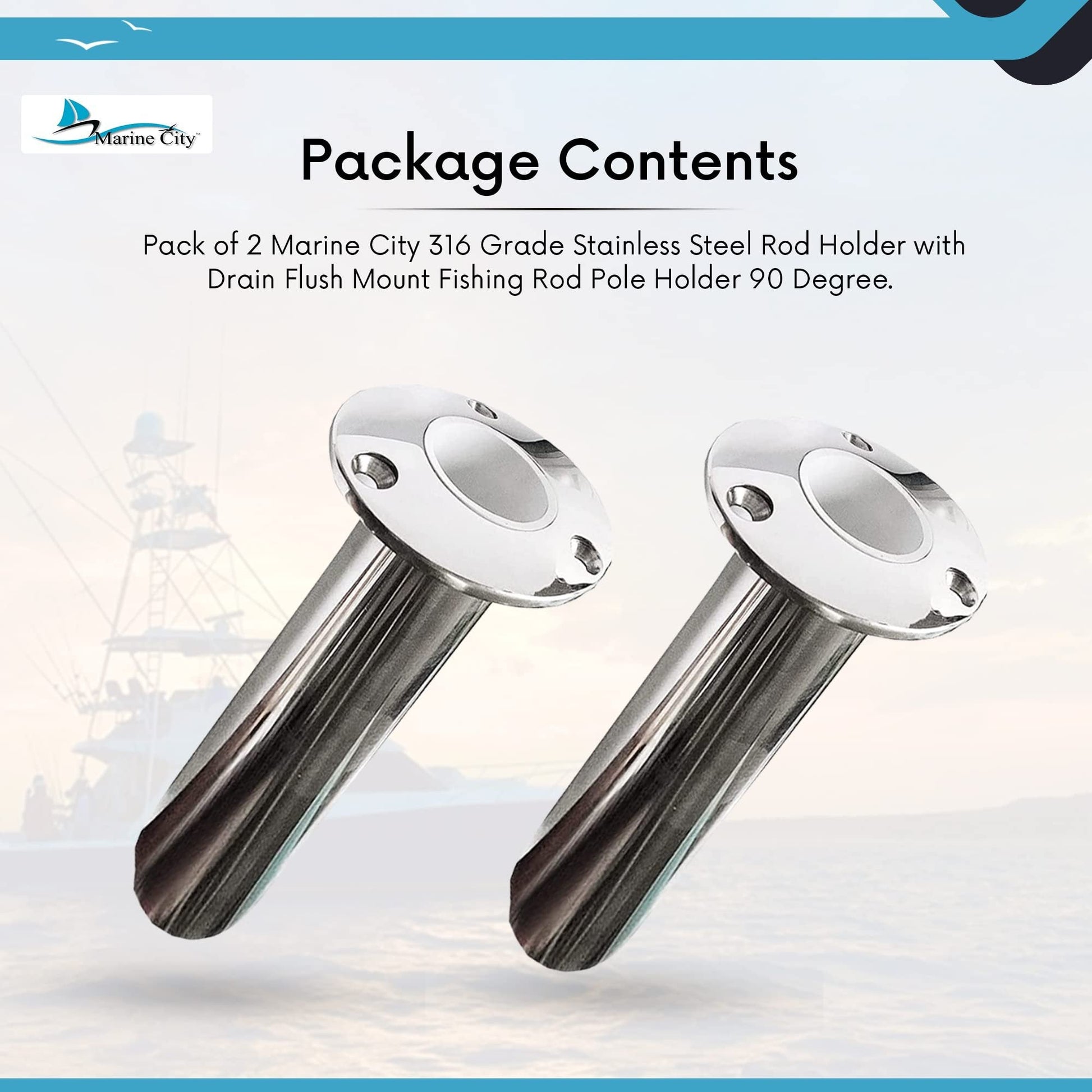 Marine City Stainless Steel Flush-Mount Fishing Rod Holder with Drain (2 Pcs) Marine City
