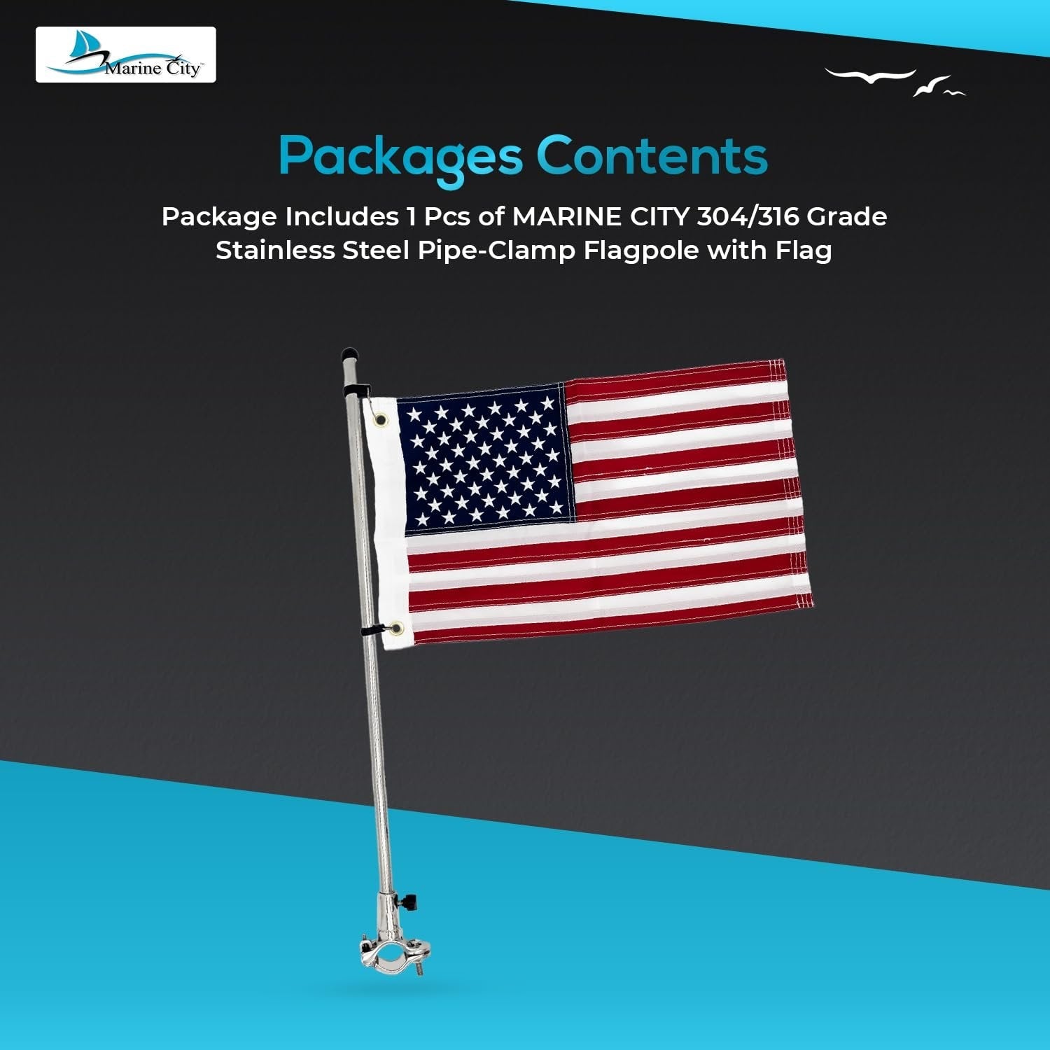 Marine City 22.5 Inches Pipe-Clamp Flagpole with US Flag – Stainless Steel MARINE CITY