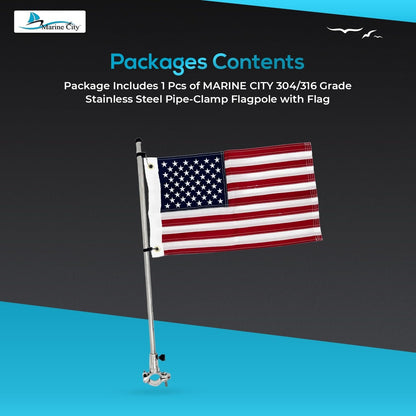 Marine City 22.5 Inches Pipe-Clamp Flagpole with US Flag – Stainless Steel MARINE CITY