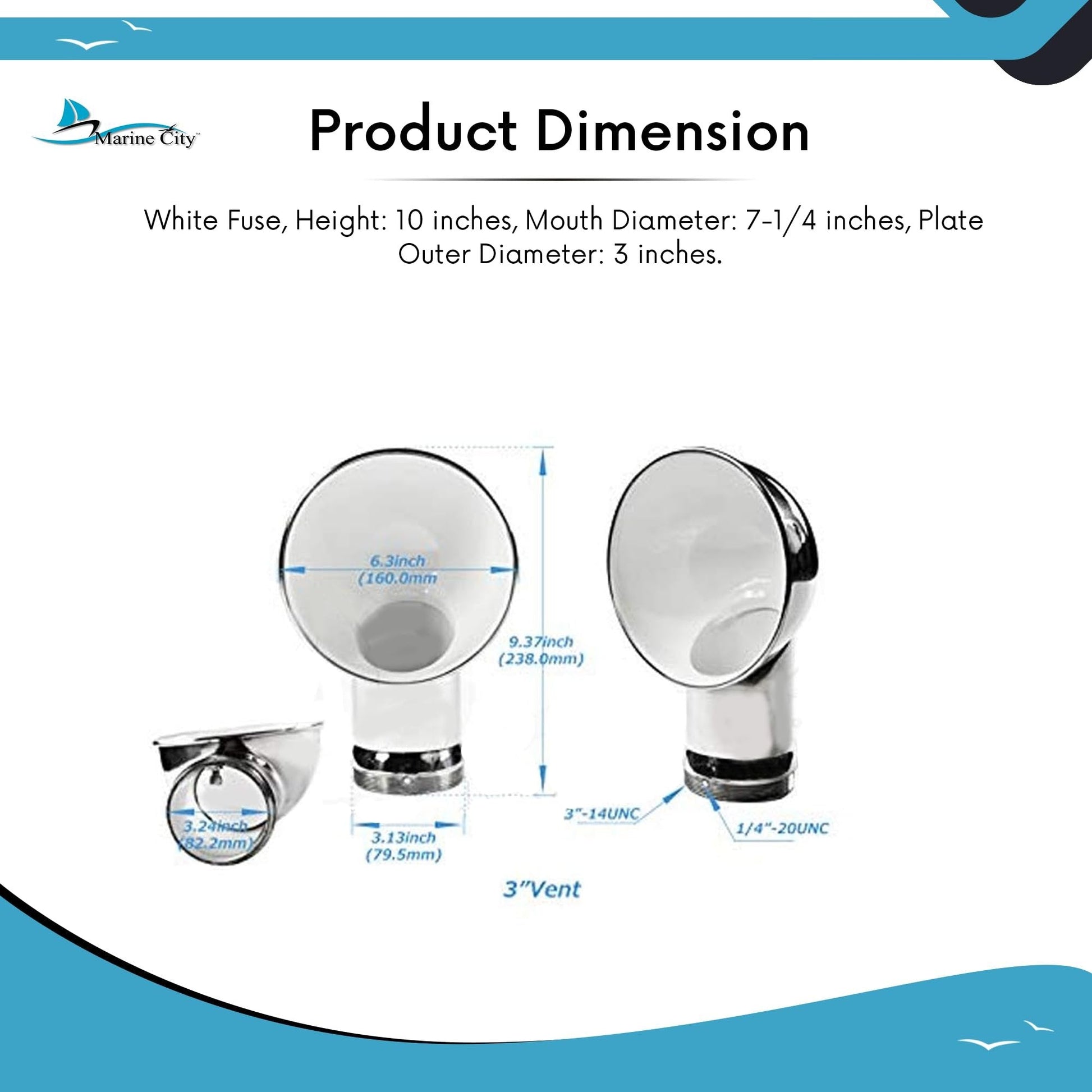 Marine City 3-Inch Round White Cowl Vent 304 Stainless Steel, Corrosion-Resistant Marine City