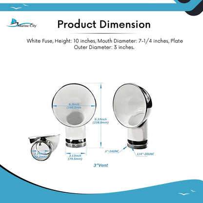 Marine City 3-Inch Round White Cowl Vent 304 Stainless Steel, Corrosion-Resistant Marine City