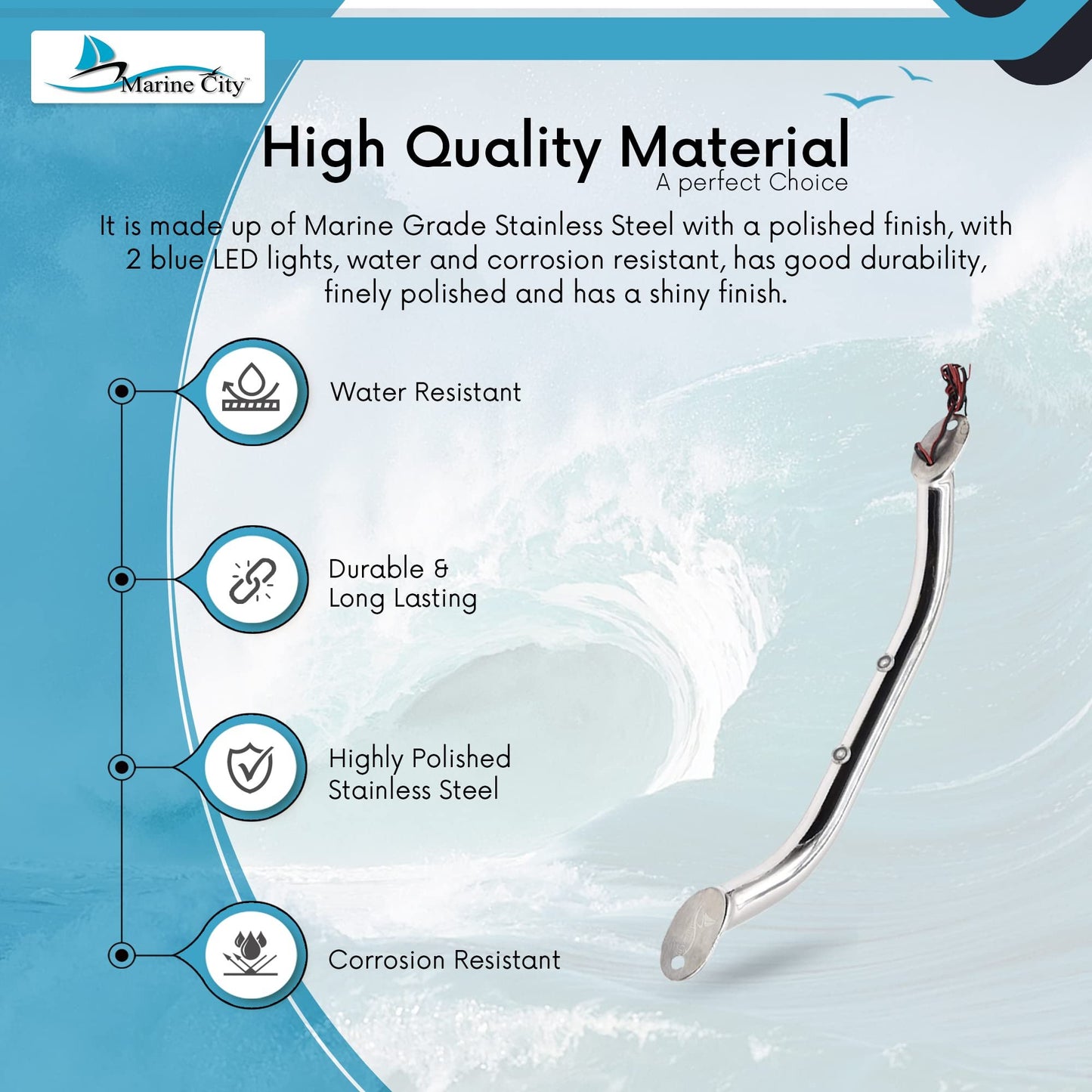 Marine City 12-Inch Grab Rail Handle with 2 Blue LED Lights–304 Stainless Steel