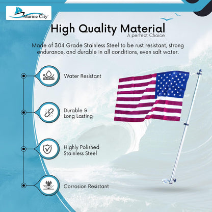 Marine City 32-Inch 304 Stainless Steel Flag Pole With Base & 15x25” US Flag