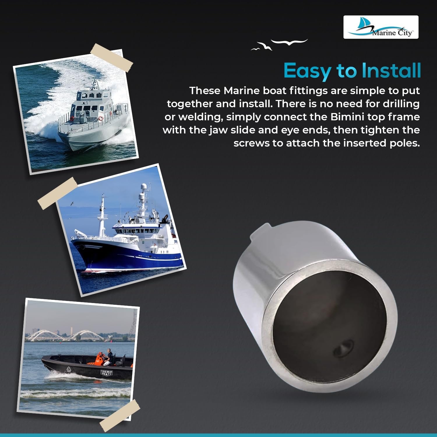 Marine City 316 Stainless Steel Bimini Top Round Outside Eye End 7/8” OD Tubes Marine City