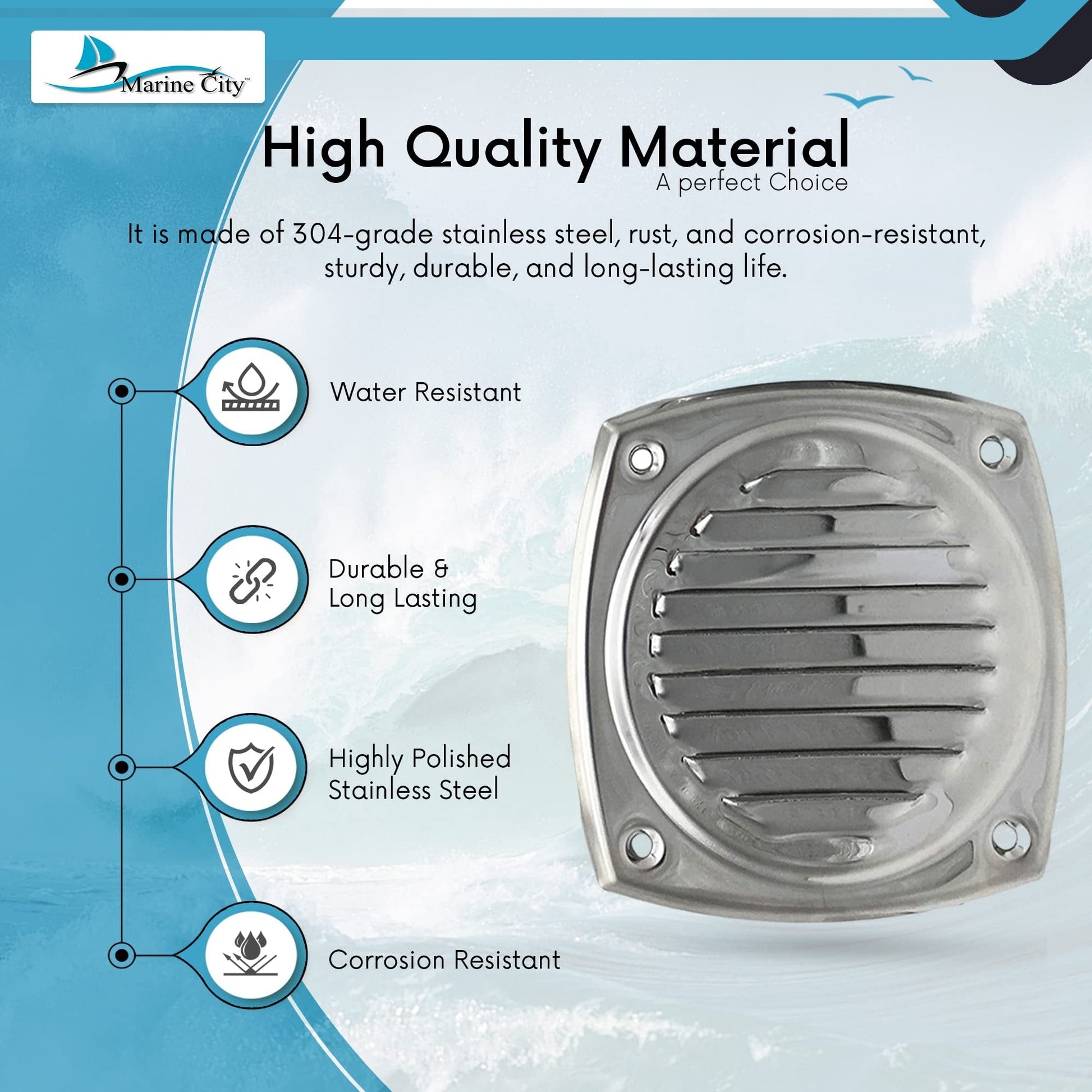 Marine City 4" Thru Louvered Vent, 304 Stainless Steel, Rust-Resistant, Polished Marine City