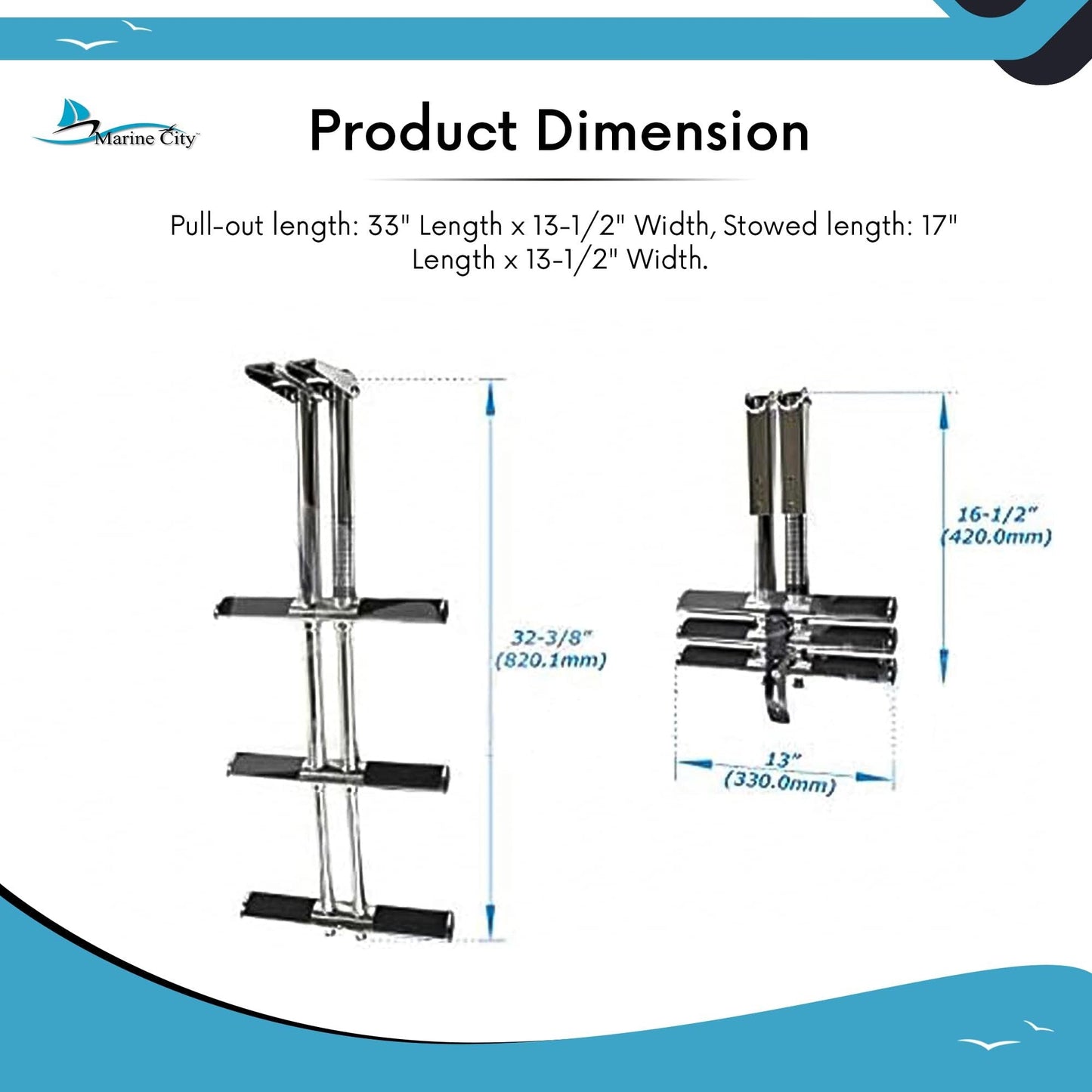Marine City 3-Step Telescoping Swim Platform Ladder – 304 Stainless Steel Marine City