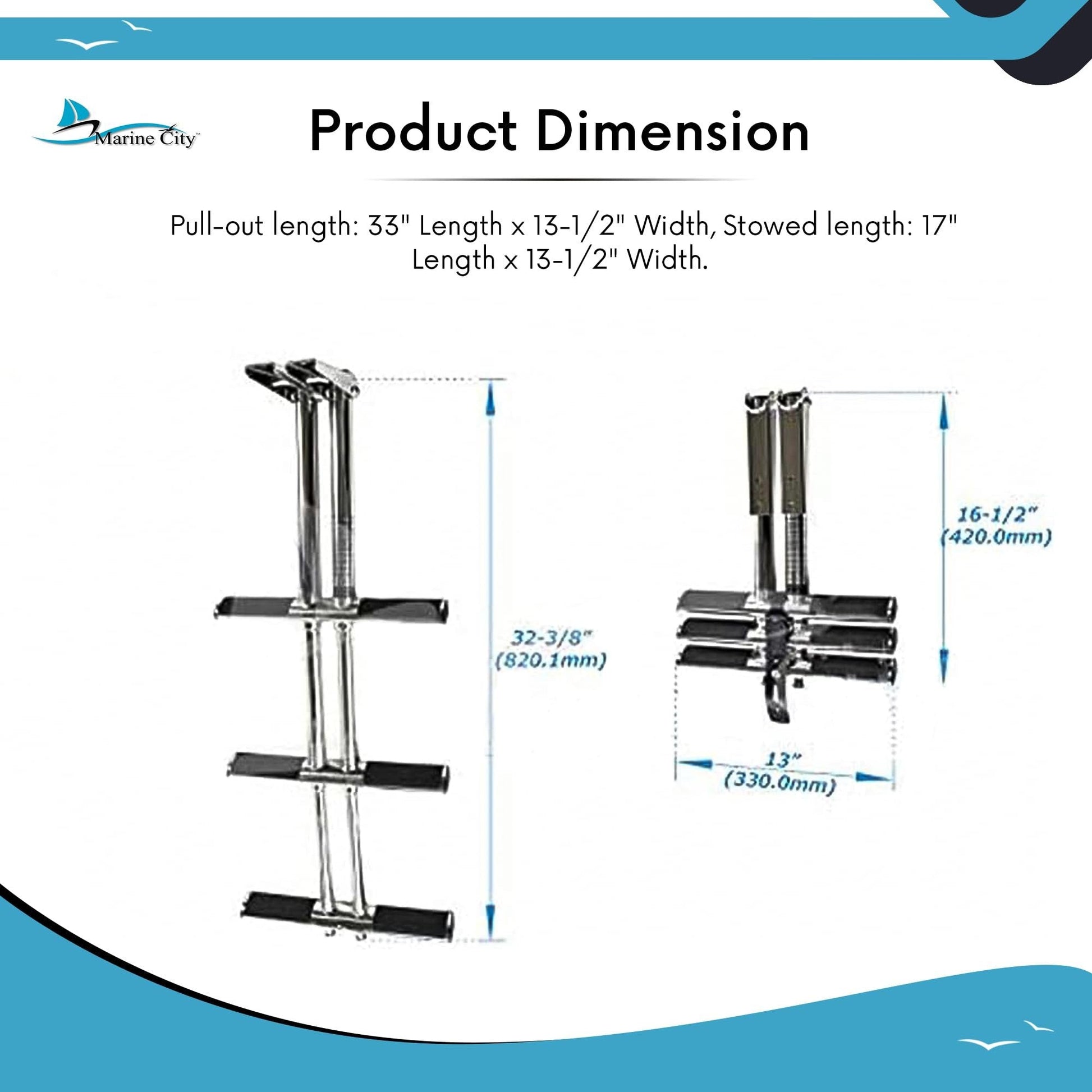 Marine City 3-Step Telescoping Swim Platform Ladder – 304 Stainless Steel Marine City