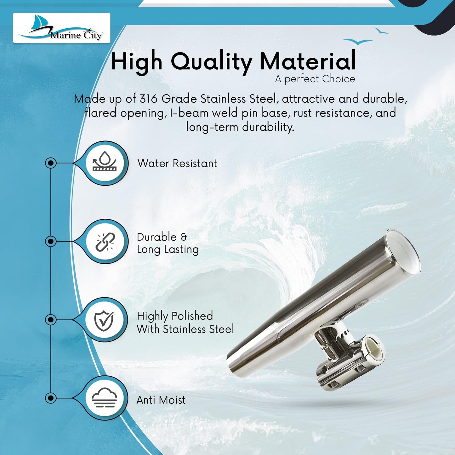 MARINE CITY Clamp-On Adjustable Fishing Rod Holder – 316 Stainless Steel (2 Pcs)