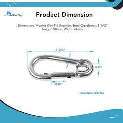 Marine City 316 Stainless-Steel 3-1/2” Carabiners/Clip Snap Hook with Ring for Sailing, Fishing, Hiking