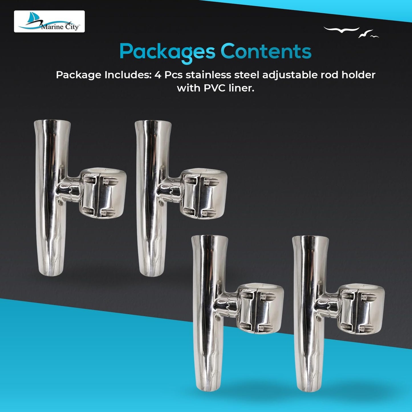 Marine City Adjustable Clamp-On Fishing Rod Holder – 304 Stainless Steel (4 Pcs)