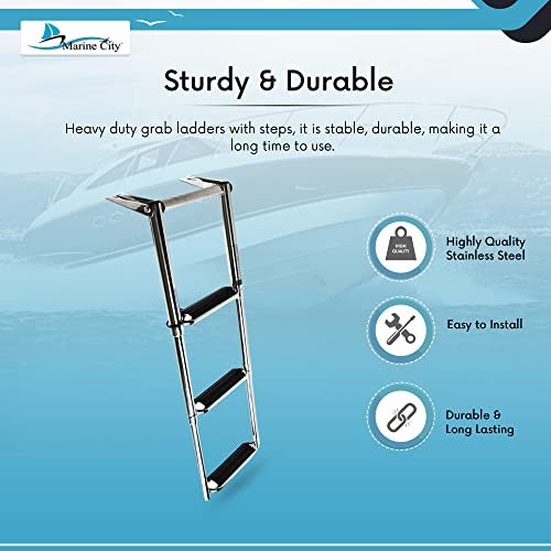 Marine City Escalera telescópica de 3 escalones de acero inoxidable 304 con escalones curvos extra anchos y pasarela equipada para barcos y yates