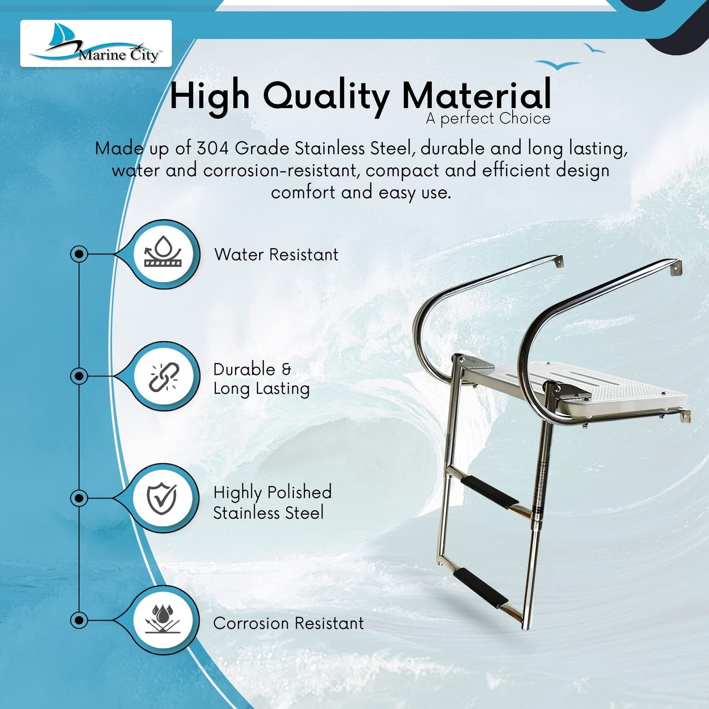 Marine City 304 Stainless Steel Anti-Slip 2-Step Telescoping Swim Ladder