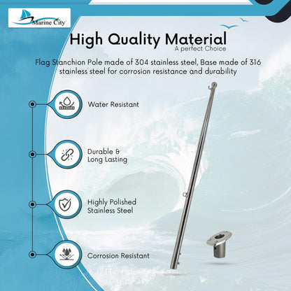 MARINE CITY Flag Stanchion Pole & Base Kit – 24-Inch Adjustable Stainless Steel