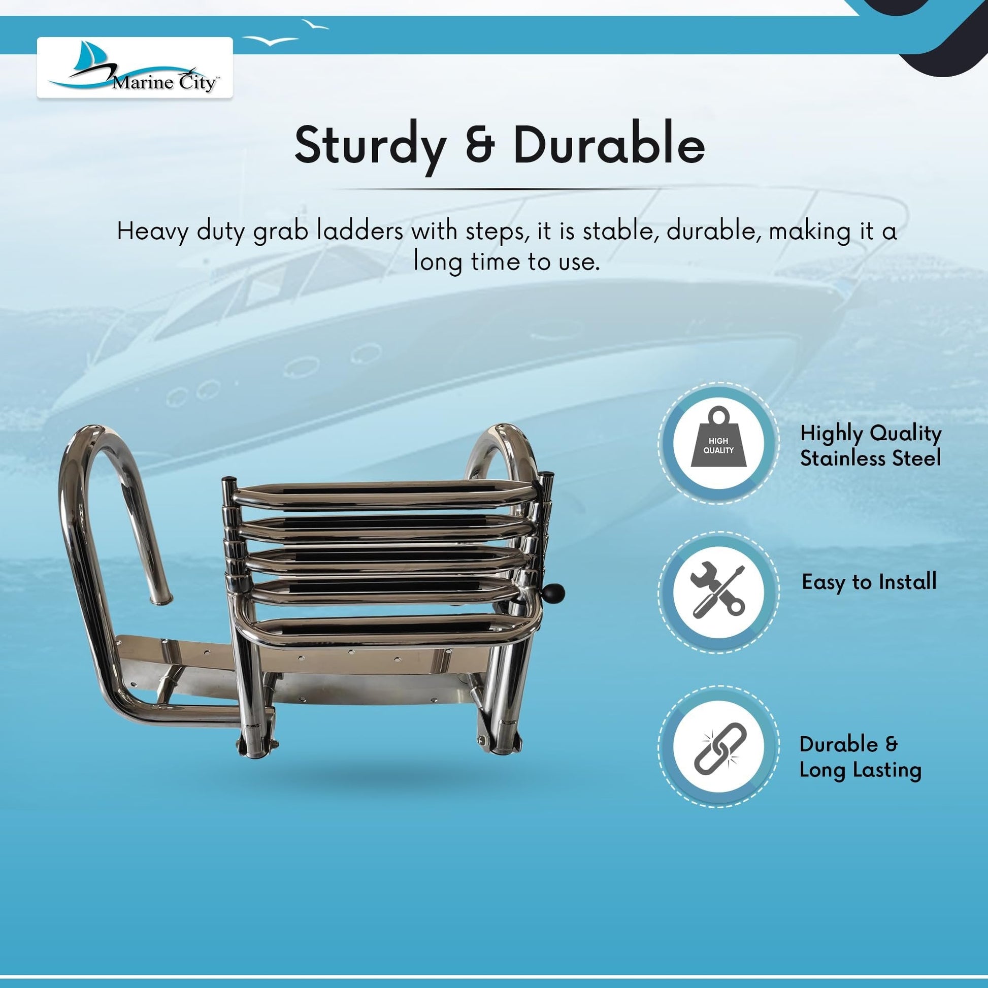 Marine City 4-Step Telescoping Boat Ladder – Stainless Steel, Extra Wide Steps Marine City